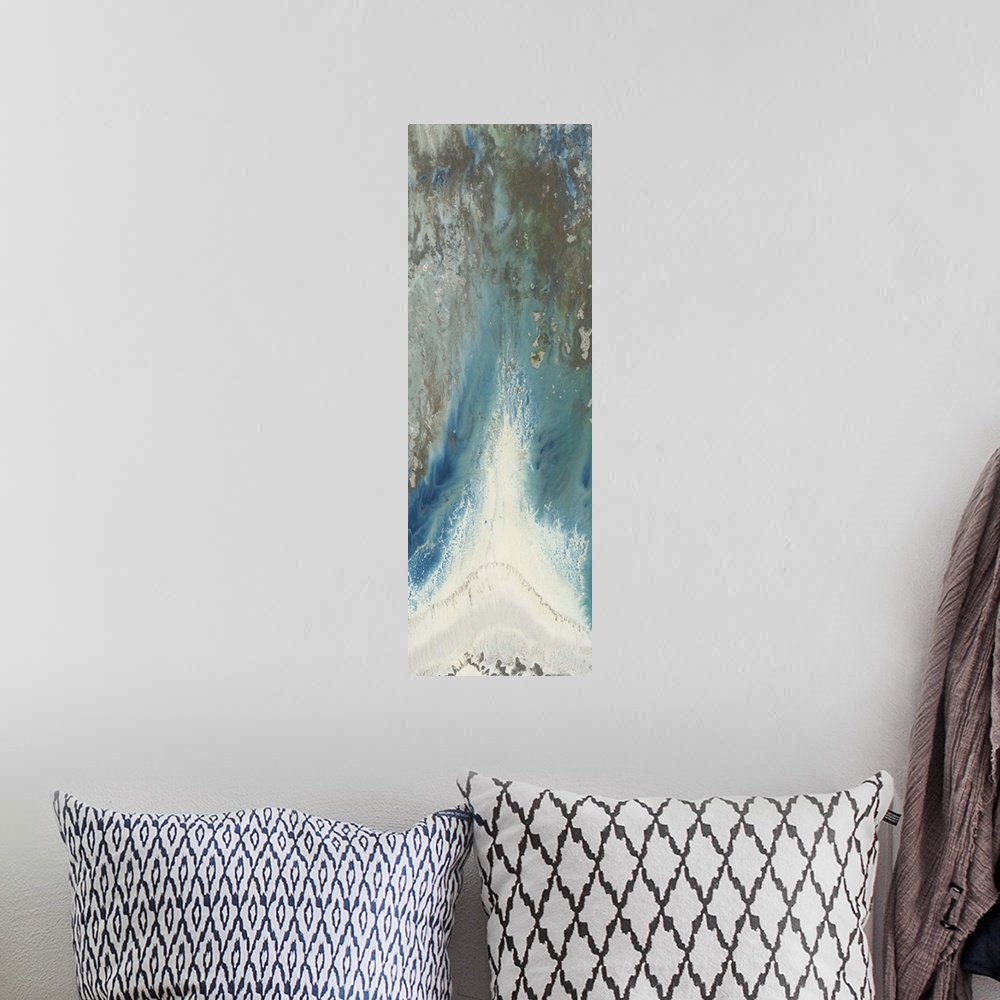 A bohemian room featuring Contemporary abstract painting using tones of blue mixed with earth tones to create a movement of...