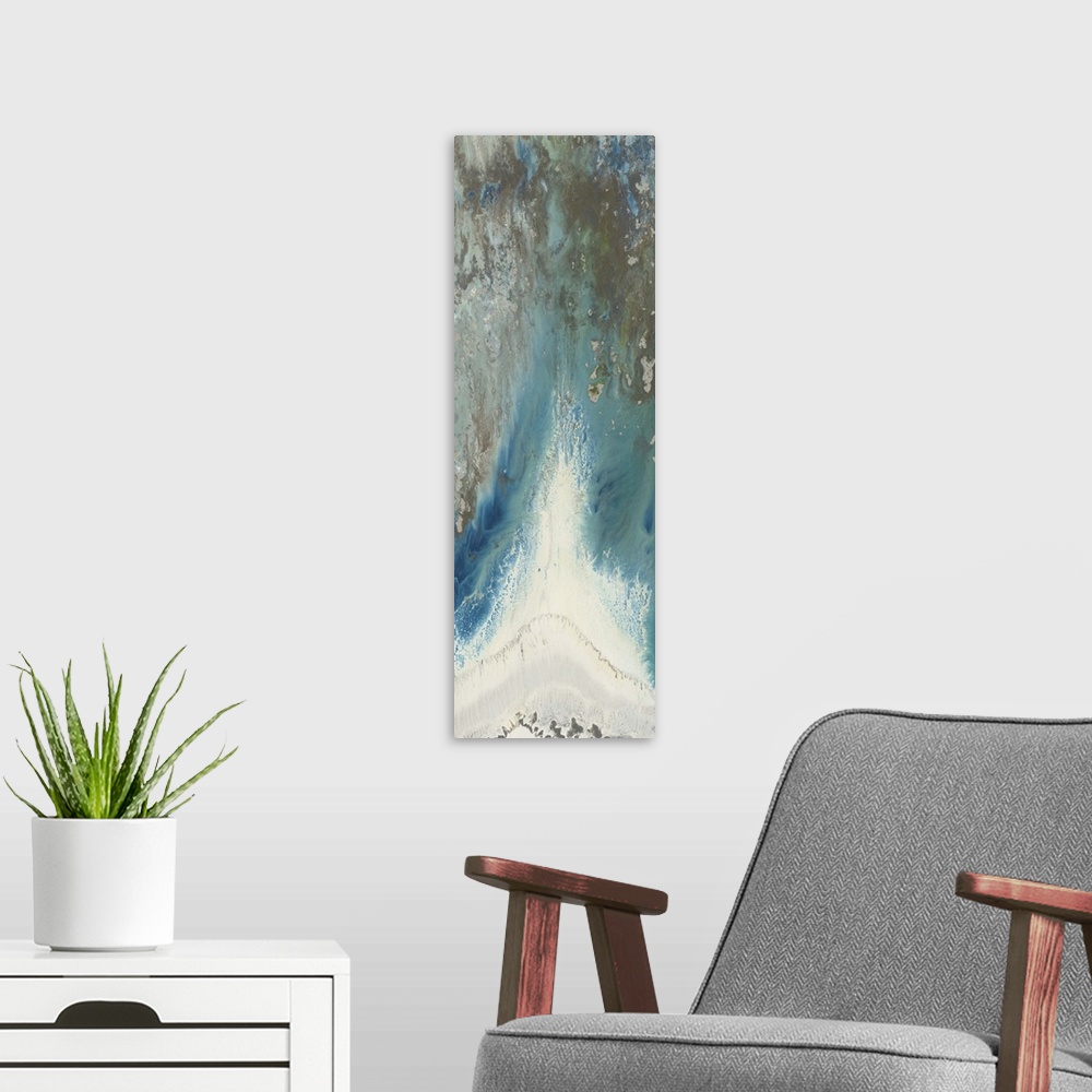 A modern room featuring Contemporary abstract painting using tones of blue mixed with earth tones to create a movement of...