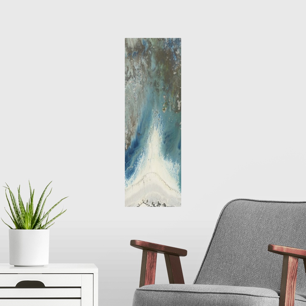 A modern room featuring Contemporary abstract painting using tones of blue mixed with earth tones to create a movement of...