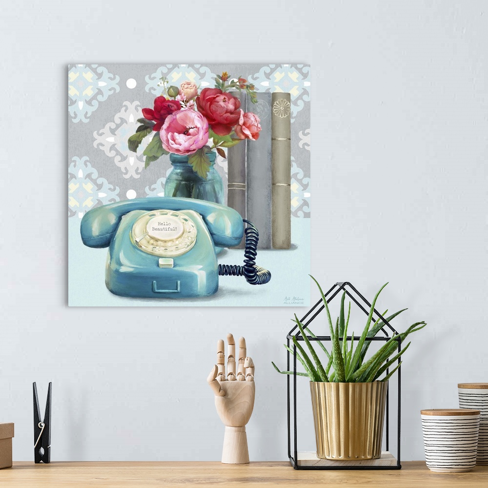 A bohemian room featuring Contemporary vibrant home decor artwork with a teal telephone and a bouquet of colorful flowers i...
