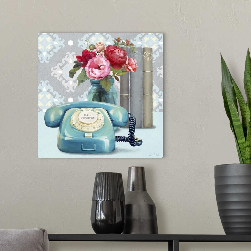 A modern room featuring Contemporary vibrant home decor artwork with a teal telephone and a bouquet of colorful flowers i...