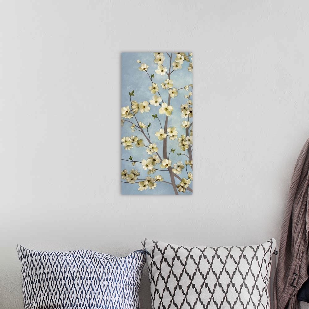 A bohemian room featuring Home decor artwork of a little yellow flowers on a dogwood tree.
