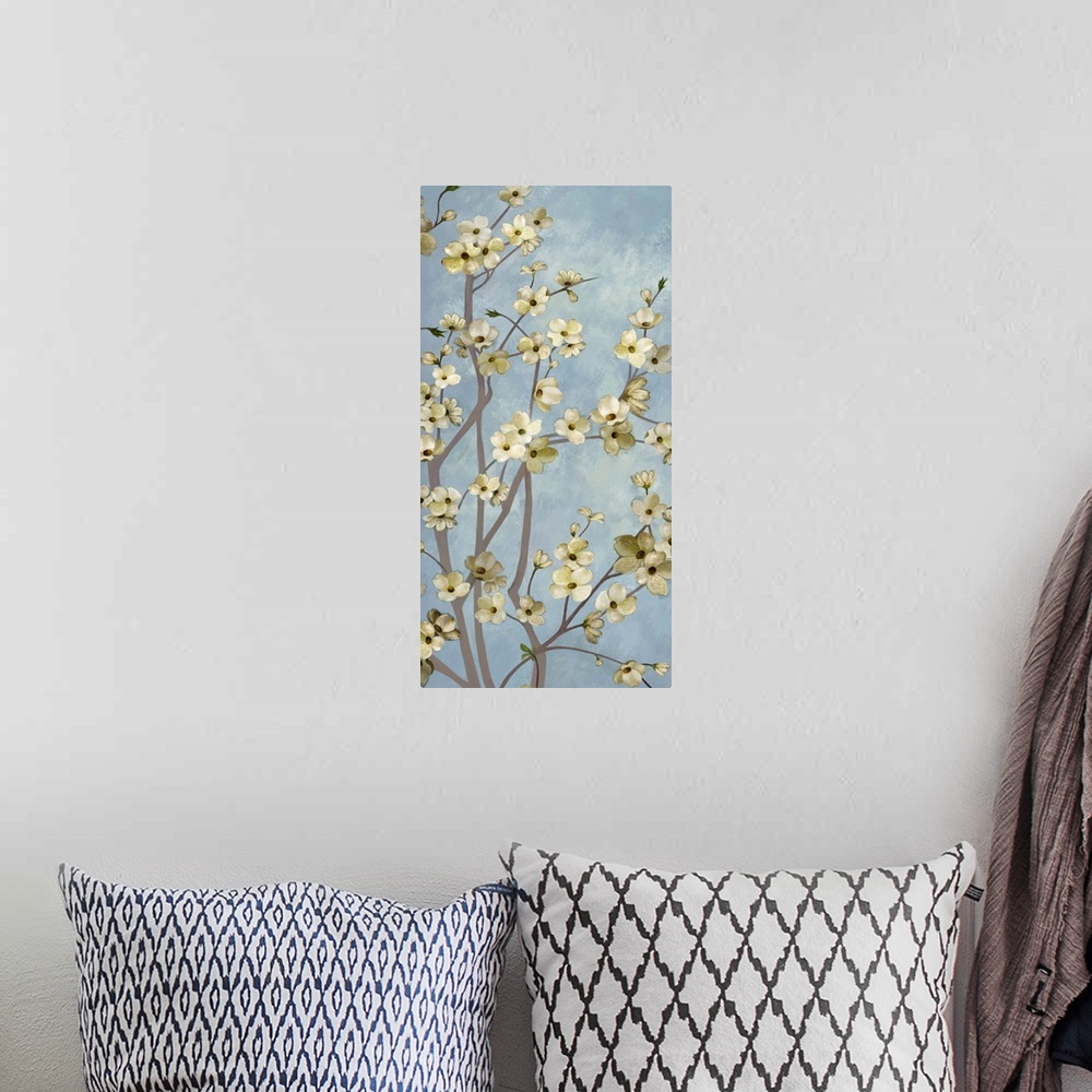 A bohemian room featuring Home decor artwork of a little yellow flowers on a dogwood tree.