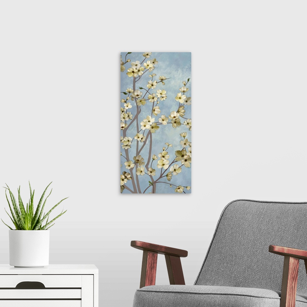 A modern room featuring Home decor artwork of a little yellow flowers on a dogwood tree.