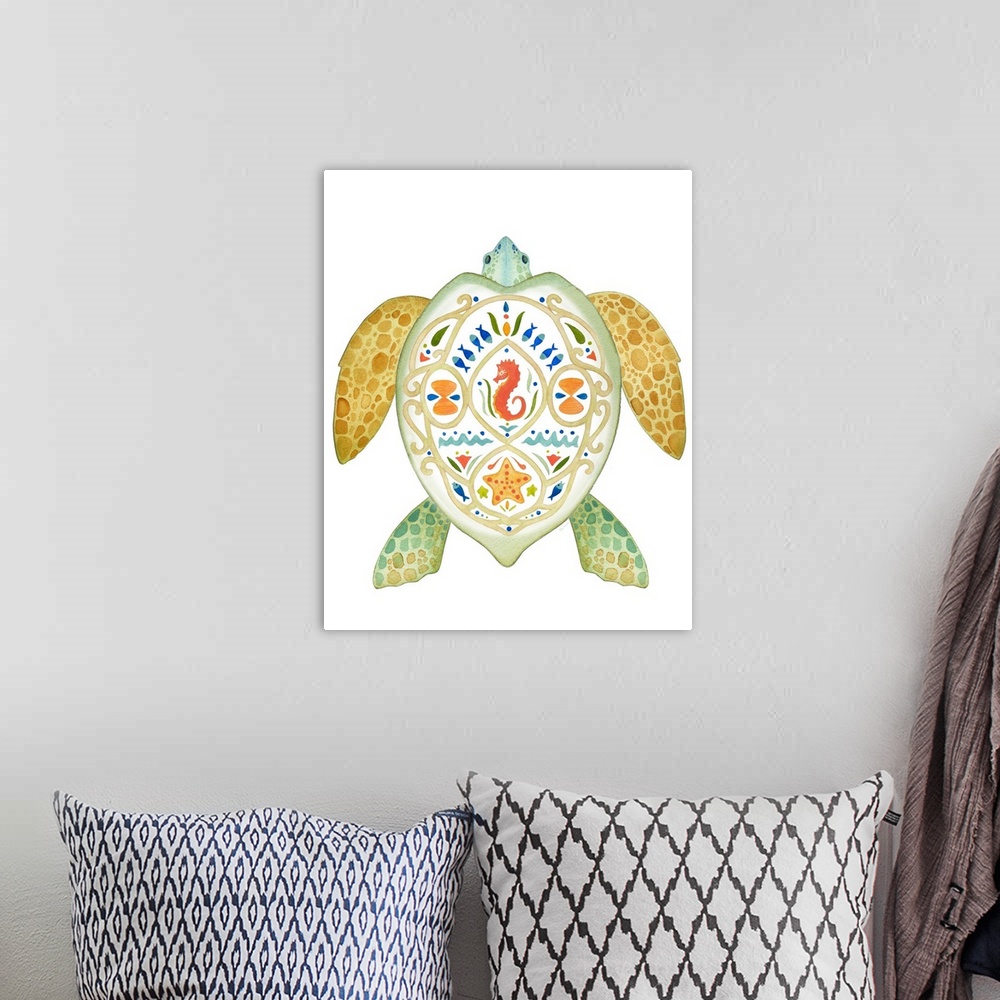 A bohemian room featuring Watercolor painting of a sea turtle with beautiful designs on its sell.