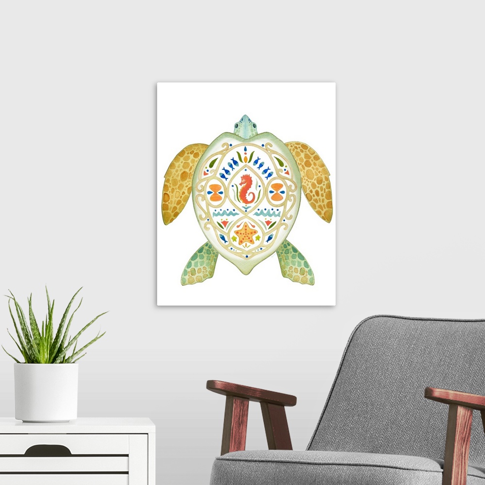 A modern room featuring Watercolor painting of a sea turtle with beautiful designs on its sell.