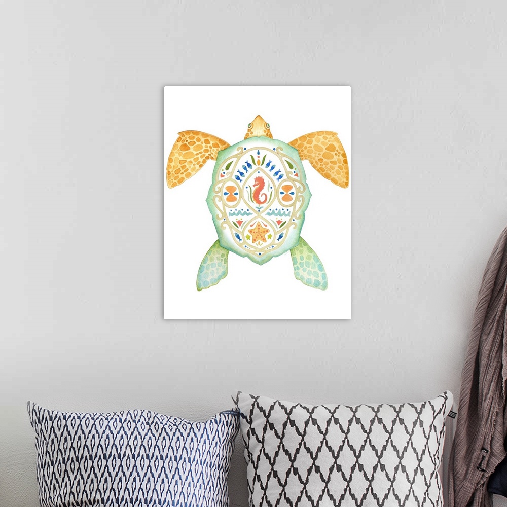 A bohemian room featuring Watercolor painting of a sea turtle with beautiful designs on its sell.