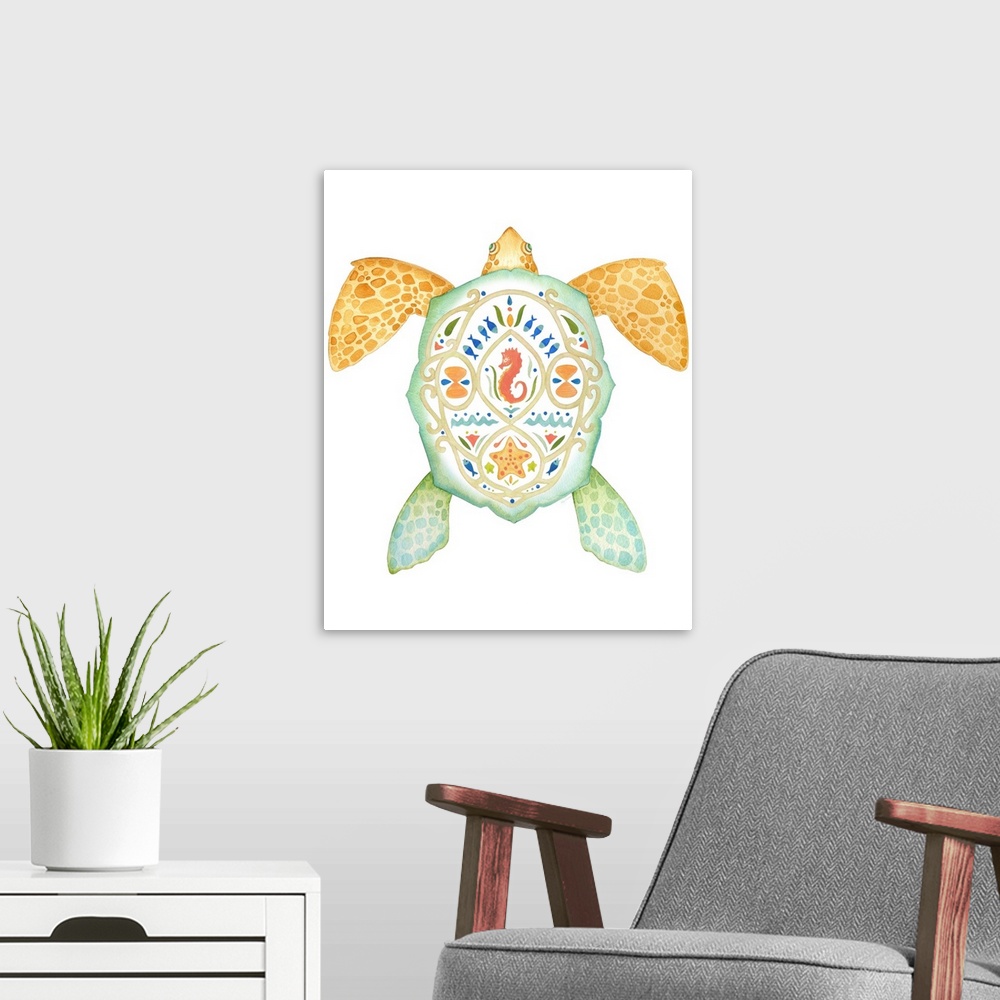 A modern room featuring Watercolor painting of a sea turtle with beautiful designs on its sell.