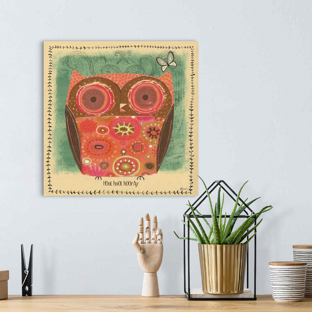 A bohemian room featuring Contemporary artwork with a retro feel of a red owl against blueish green background.