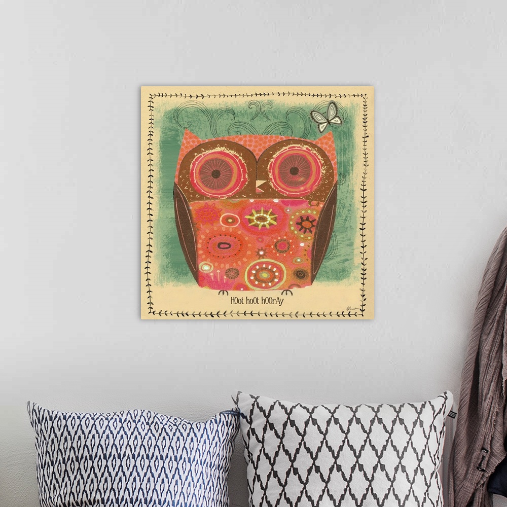 A bohemian room featuring Contemporary artwork with a retro feel of a red owl against blueish green background.