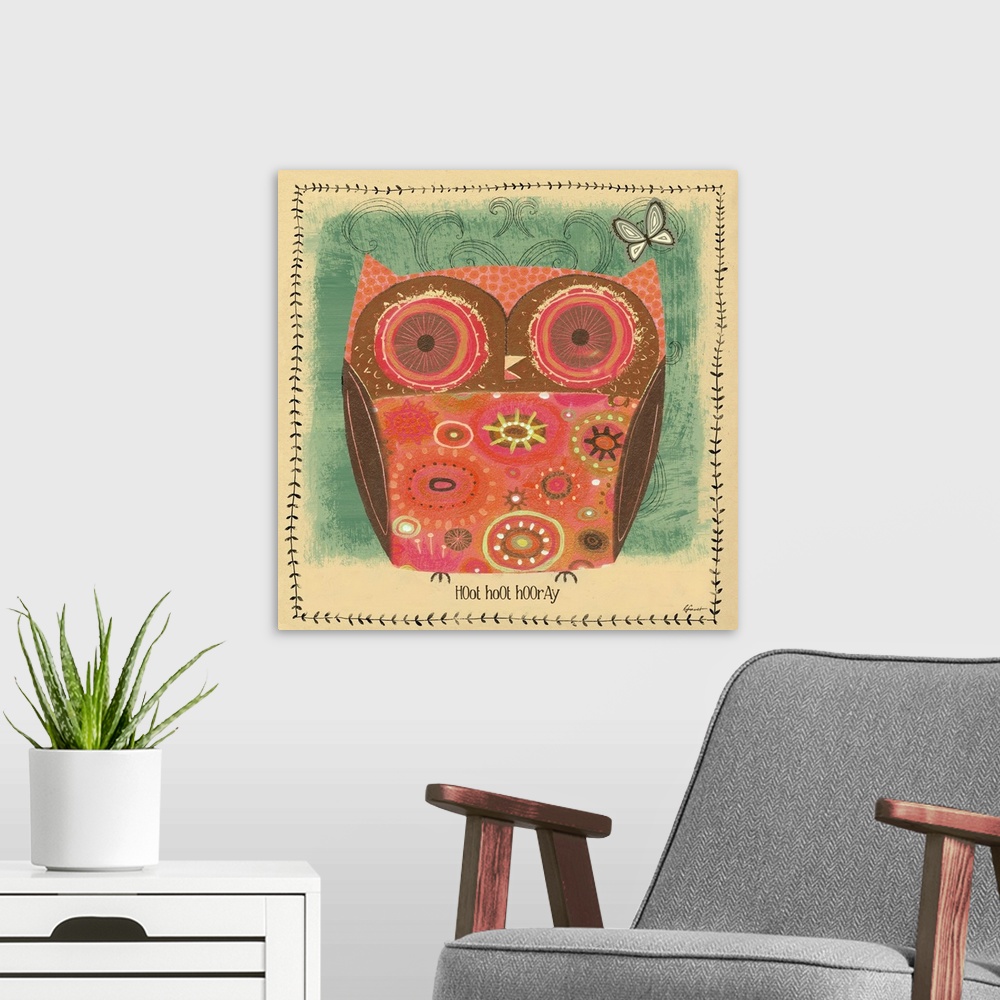 A modern room featuring Contemporary artwork with a retro feel of a red owl against blueish green background.