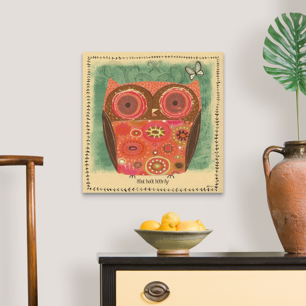 A traditional room featuring Contemporary artwork with a retro feel of a red owl against blueish green background.
