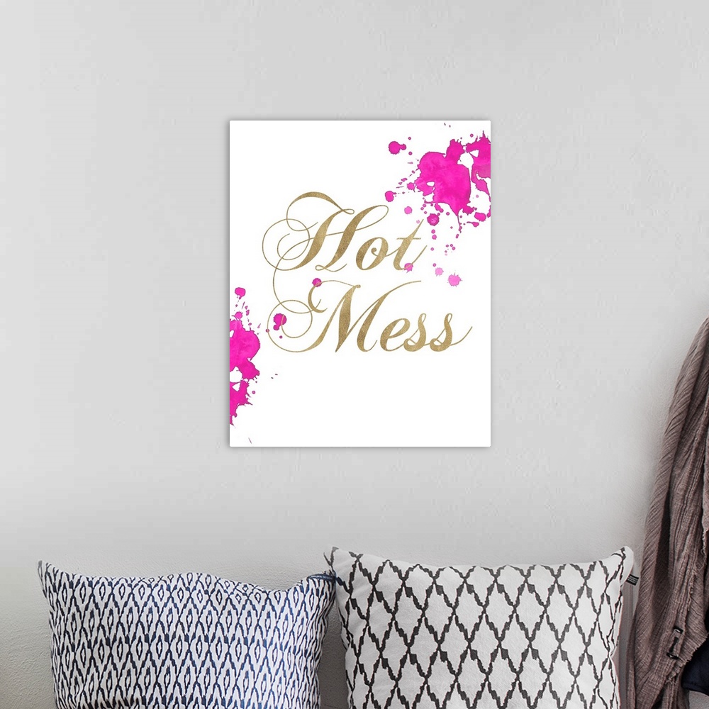 A bohemian room featuring Gold lettering and bright pink splatter marks against a white background.