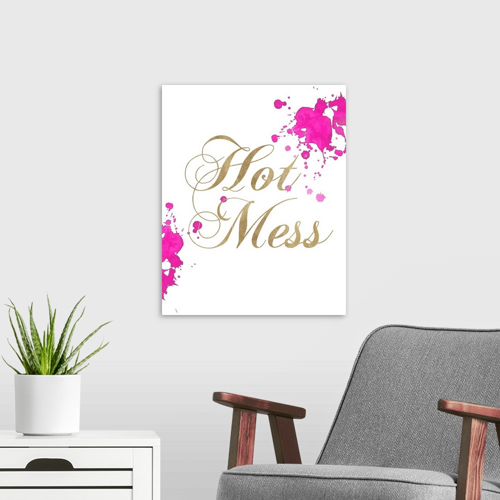 A modern room featuring Gold lettering and bright pink splatter marks against a white background.