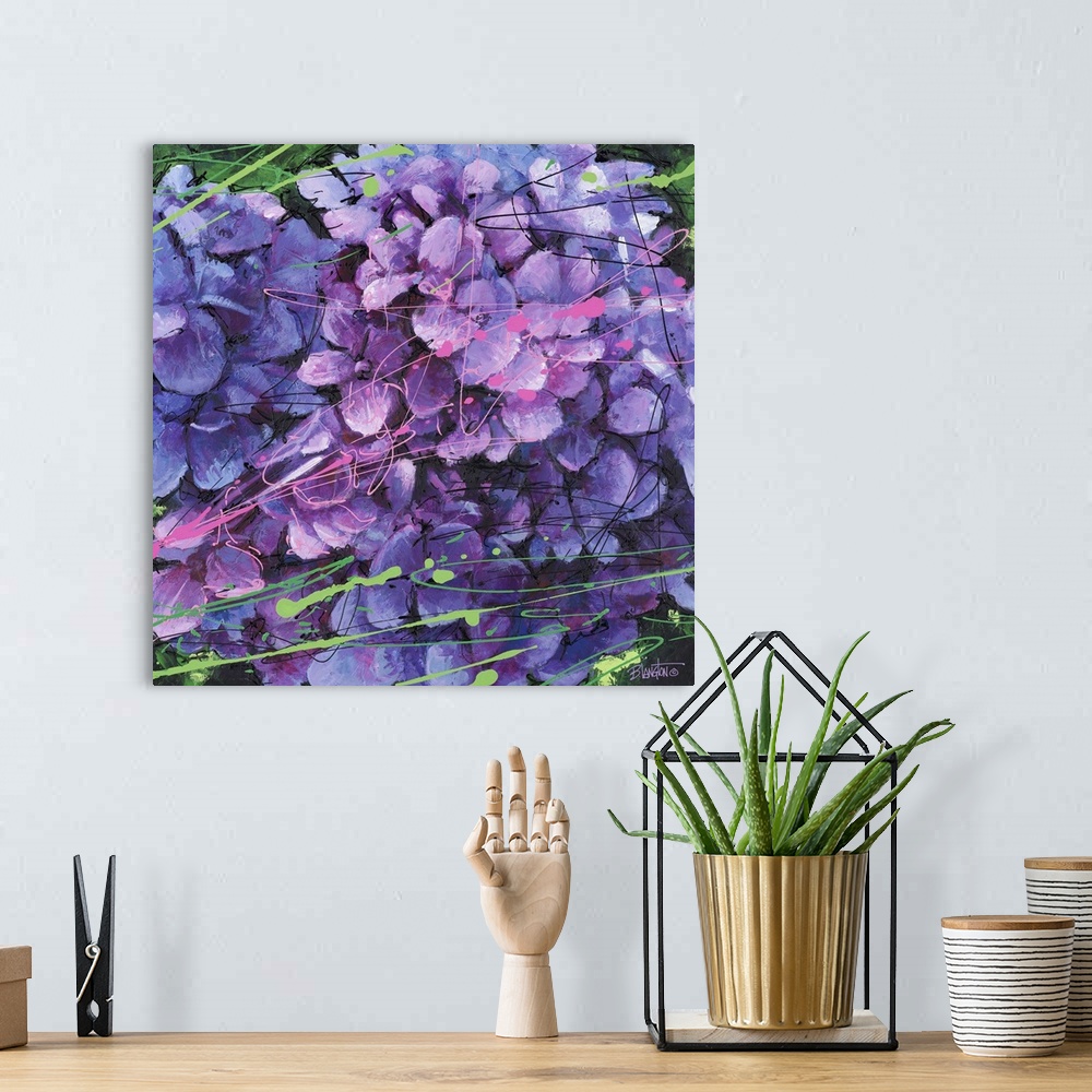 A bohemian room featuring Contemporary close-up painting of a vibrant purple flower.