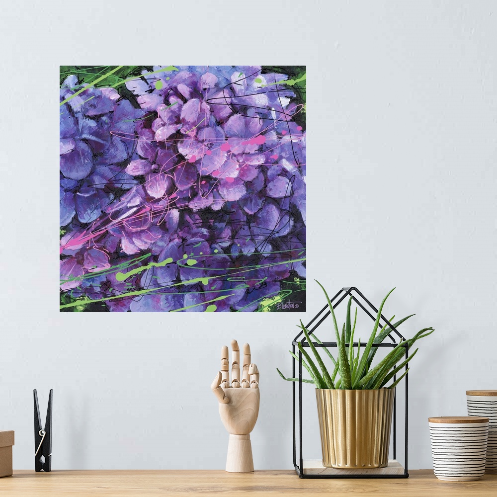 A bohemian room featuring Contemporary close-up painting of a vibrant purple flower.