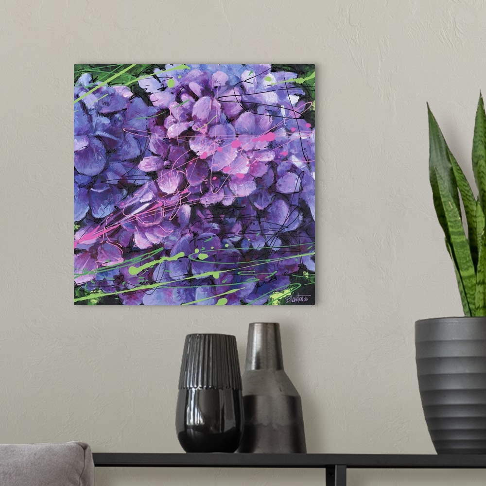 A modern room featuring Contemporary close-up painting of a vibrant purple flower.