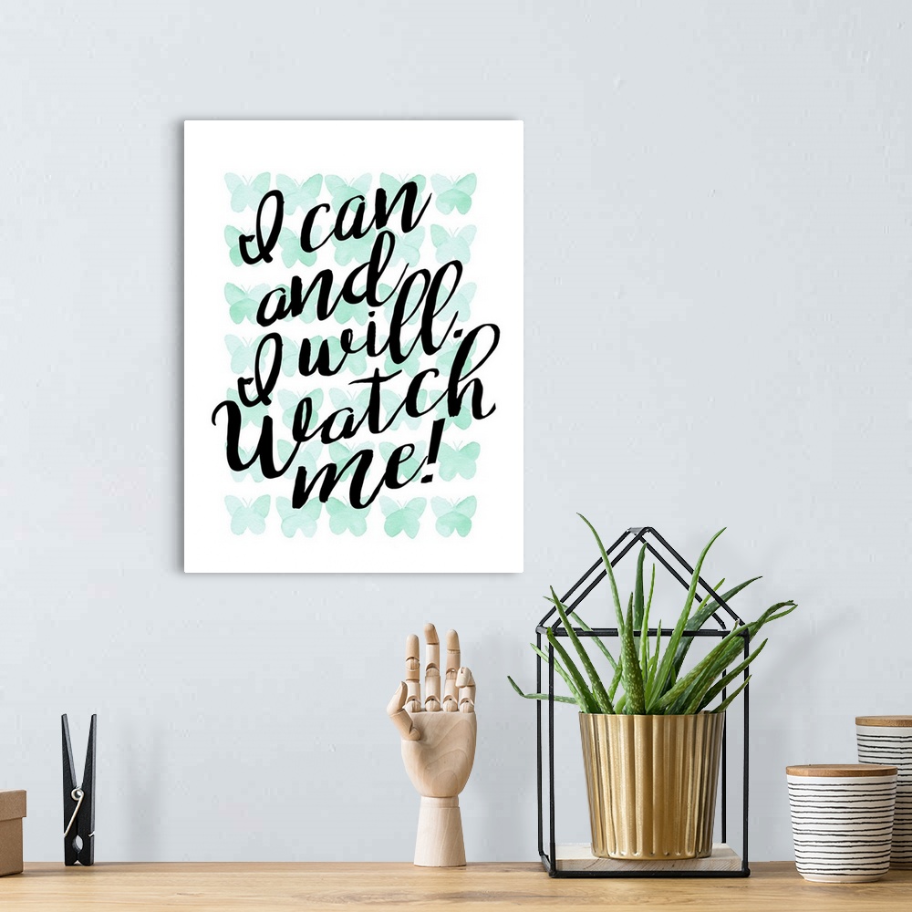 A bohemian room featuring Handlettered inspirational sentiment over turquoise butterflies.