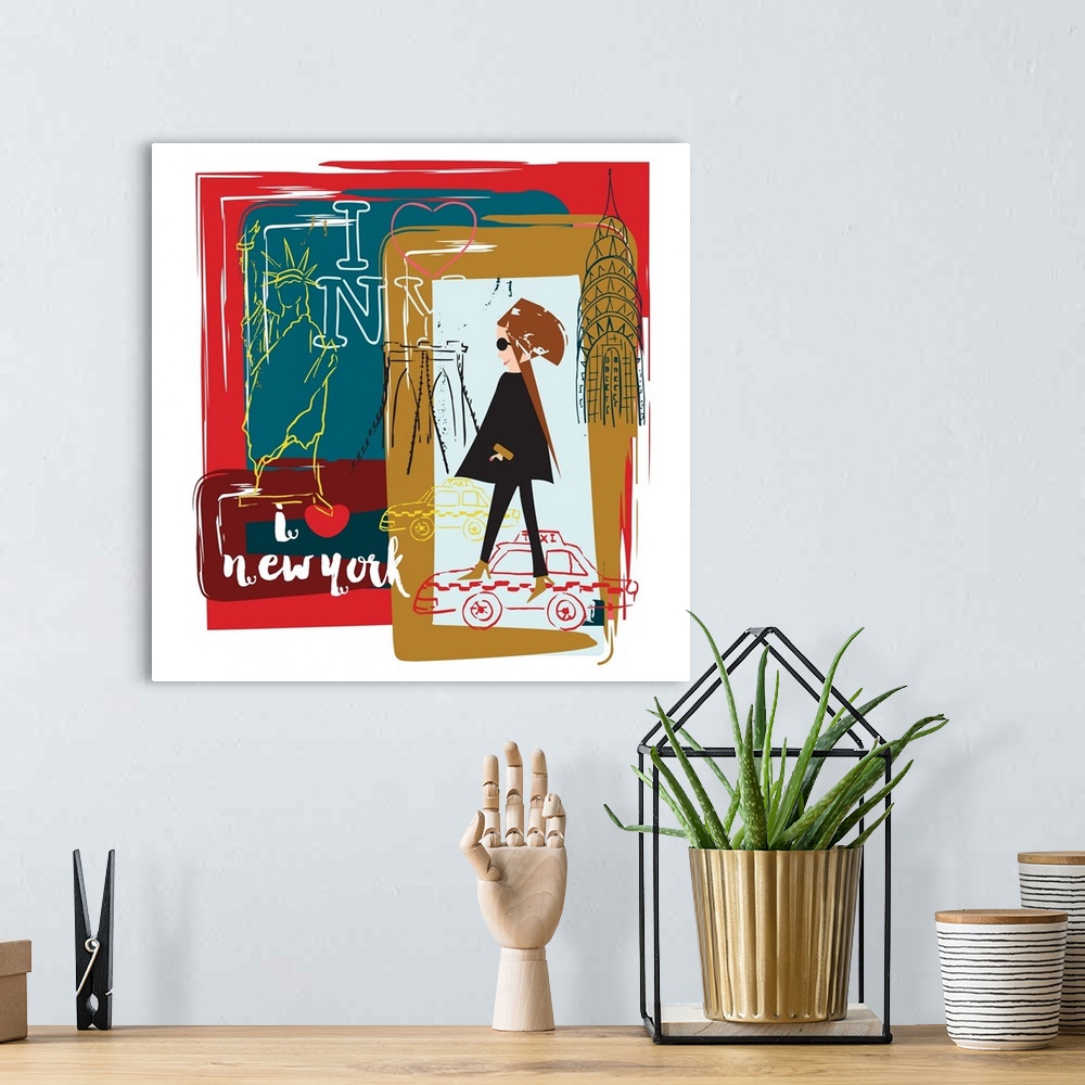 A bohemian room featuring Fun illustration of a fashionable young woman in New York City.
