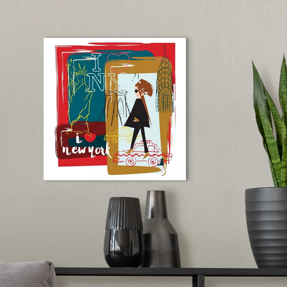 A modern room featuring Fun illustration of a fashionable young woman in New York City.