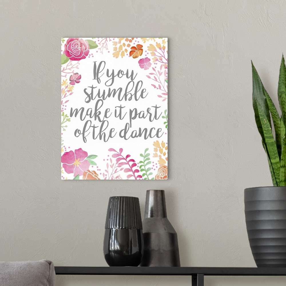 A modern room featuring Handlettered inspirational quote with watercolor roses and ferns.