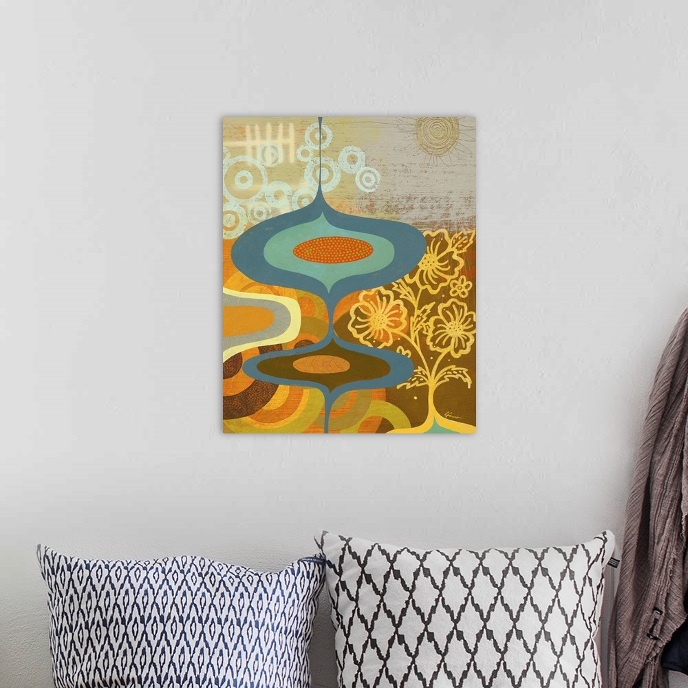 A bohemian room featuring Contemporary painting with a retro feel of colorful shapes and designs.