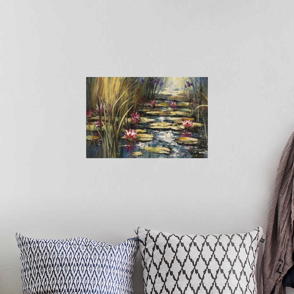 A bohemian room featuring Contemporary painting of pond with colorful waterlilies sitting on top of lily pads.