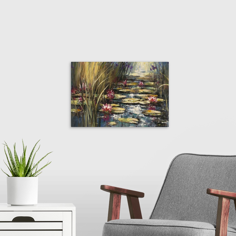 A modern room featuring Contemporary painting of pond with colorful waterlilies sitting on top of lily pads.