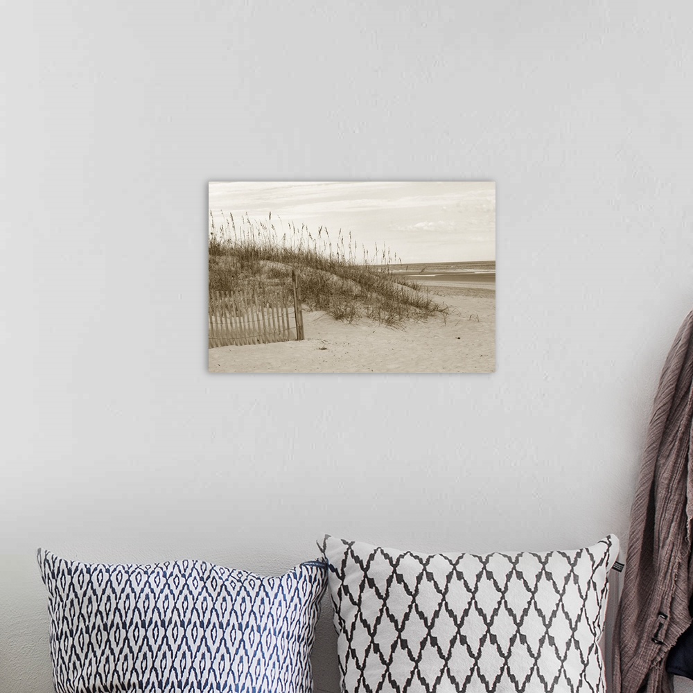 A bohemian room featuring Sepia toned photograph of a beach scene from sand dunes.