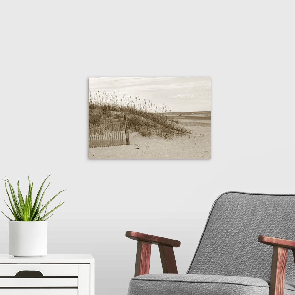 A modern room featuring Sepia toned photograph of a beach scene from sand dunes.