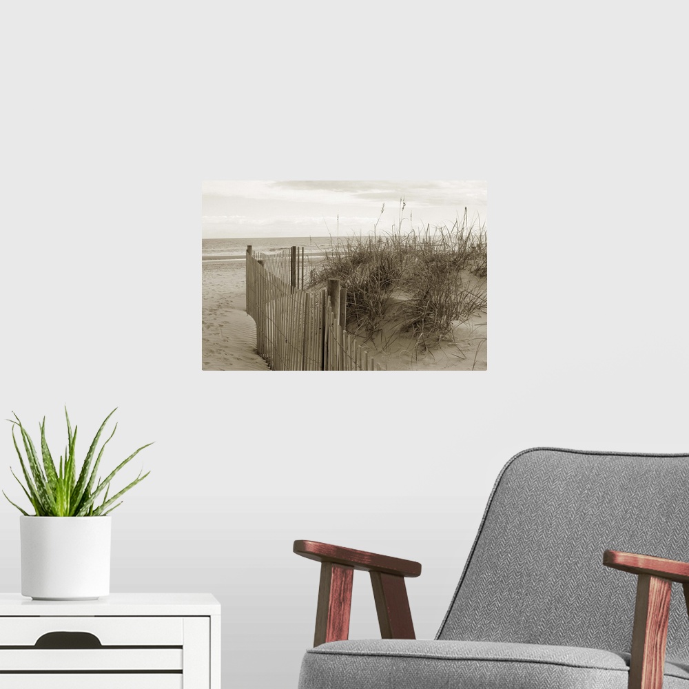 A modern room featuring Sepia toned photograph of a beach scene from sand dunes.