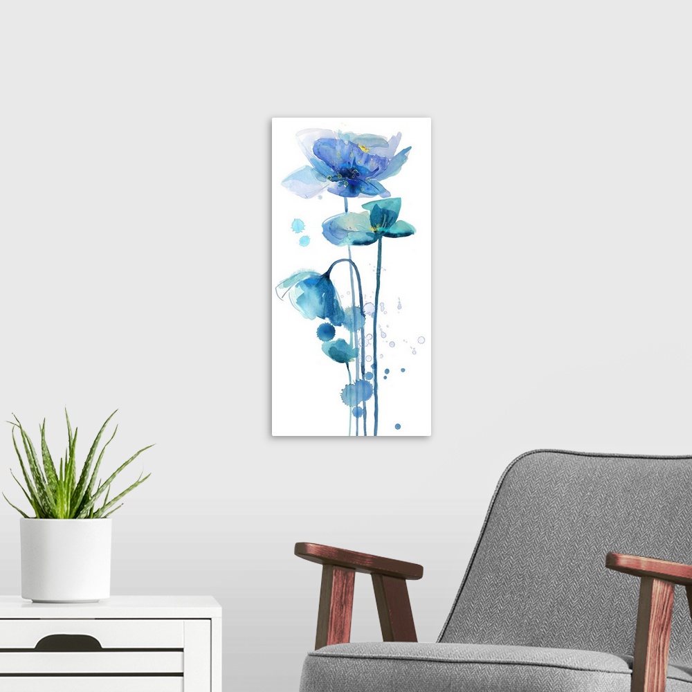 A modern room featuring Watercolor painting of poppy flowers in deep blue.