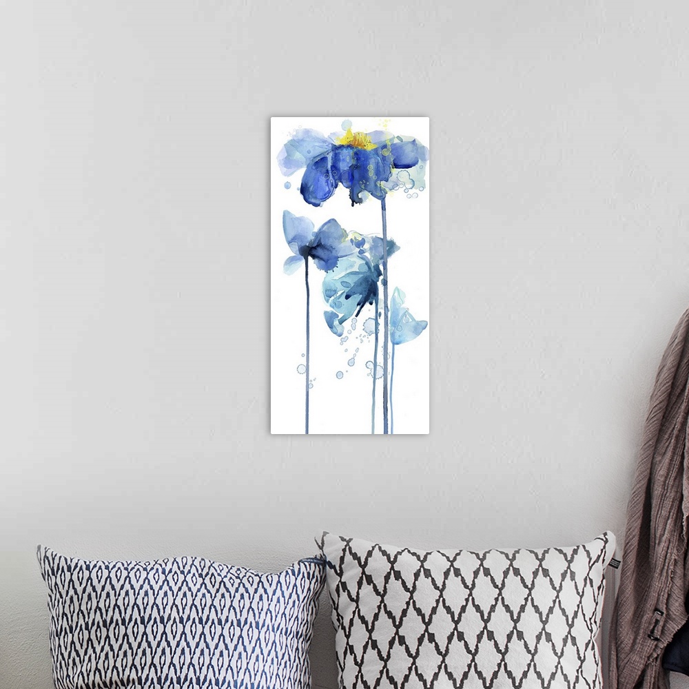 A bohemian room featuring Watercolor painting of poppy flowers in deep blue.