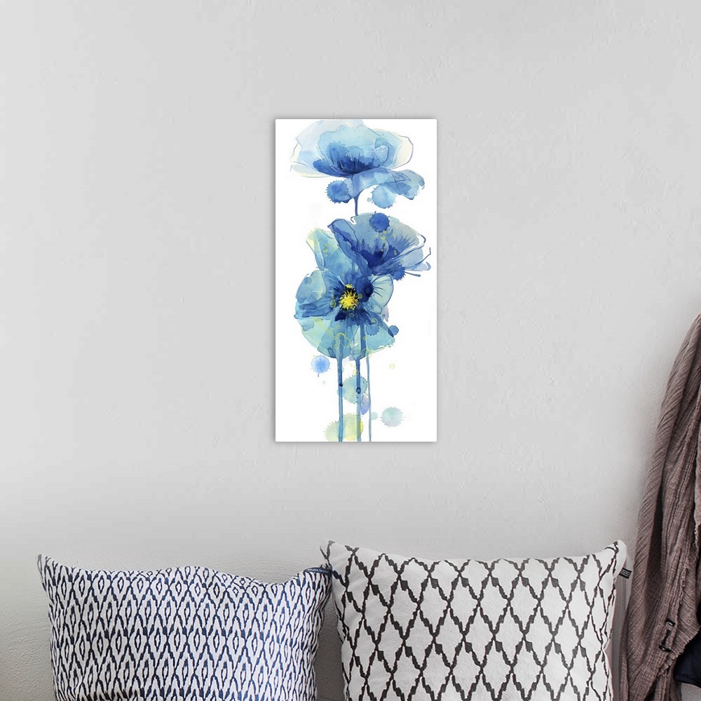 A bohemian room featuring Watercolor painting of poppy flowers in deep blue.