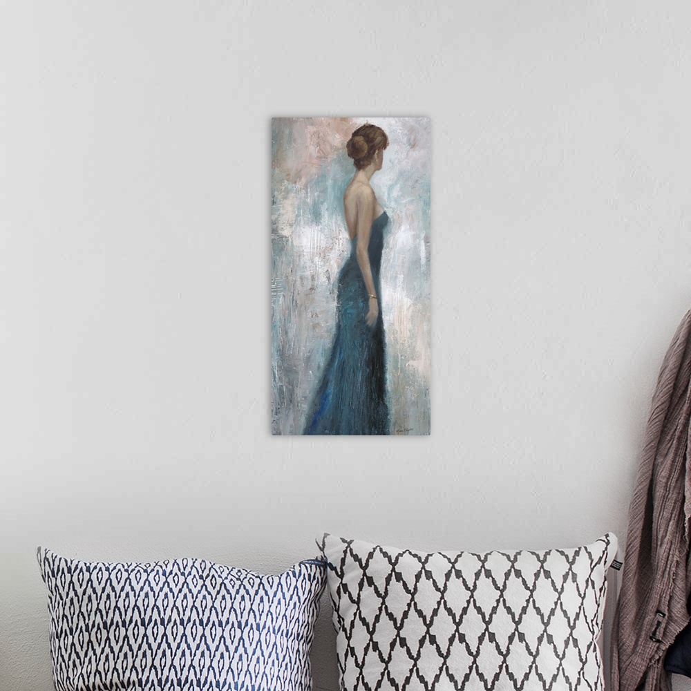 A bohemian room featuring Contemporary painting of a woman wearing a blue dress looking to her left.