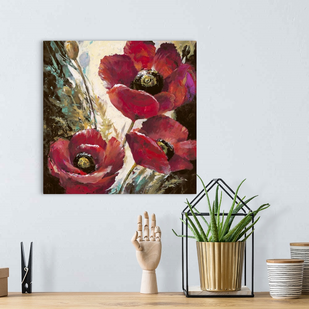 A bohemian room featuring Contemporary painting of vibrant red poppy flowers.