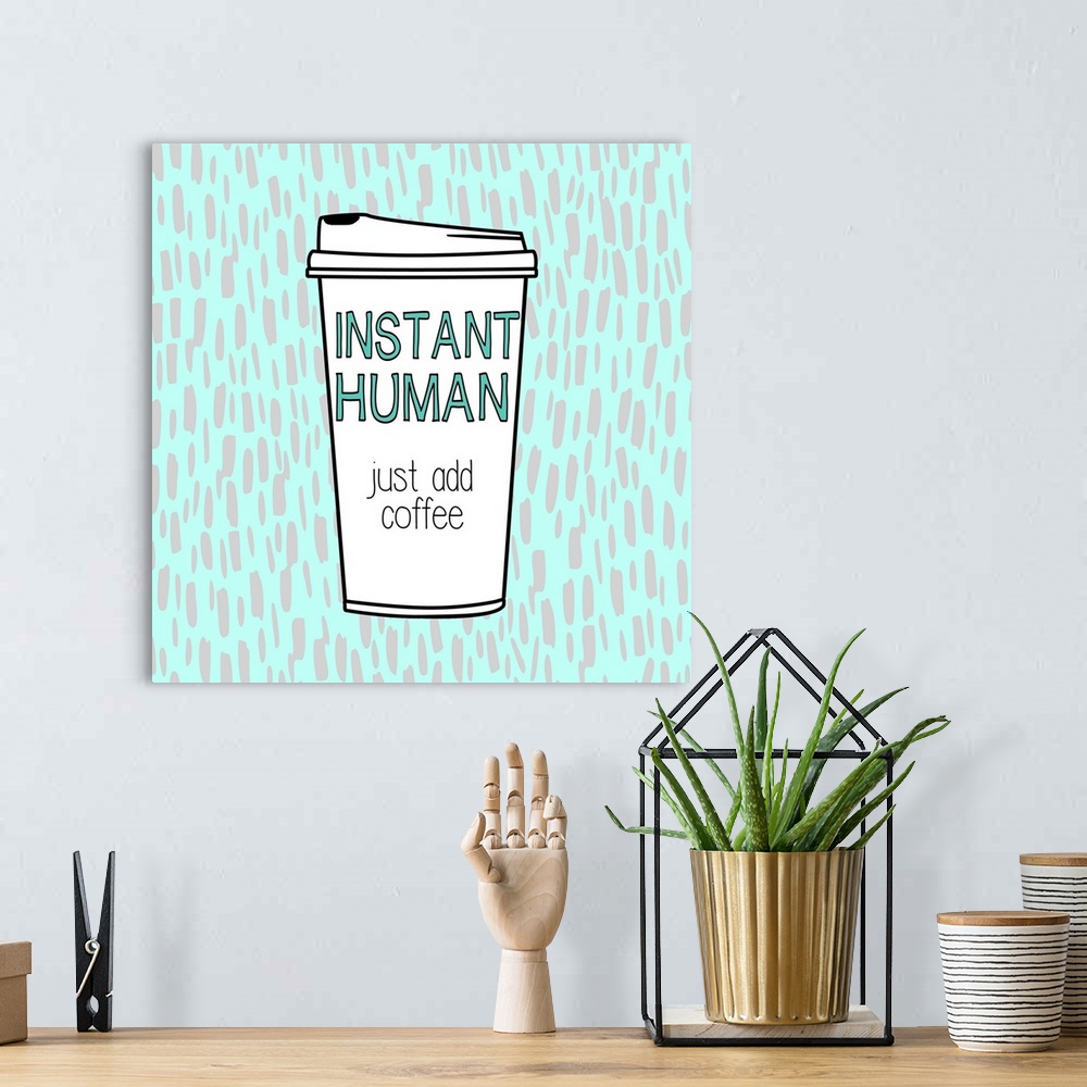 A bohemian room featuring Fun illustration of a coffee cup with text on a patterned background.
