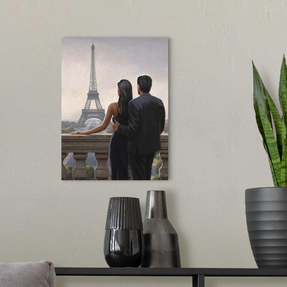 A modern room featuring Contemporary painting of a man and woman in fancy dress on a balcony with the Eiffel Tower in the...