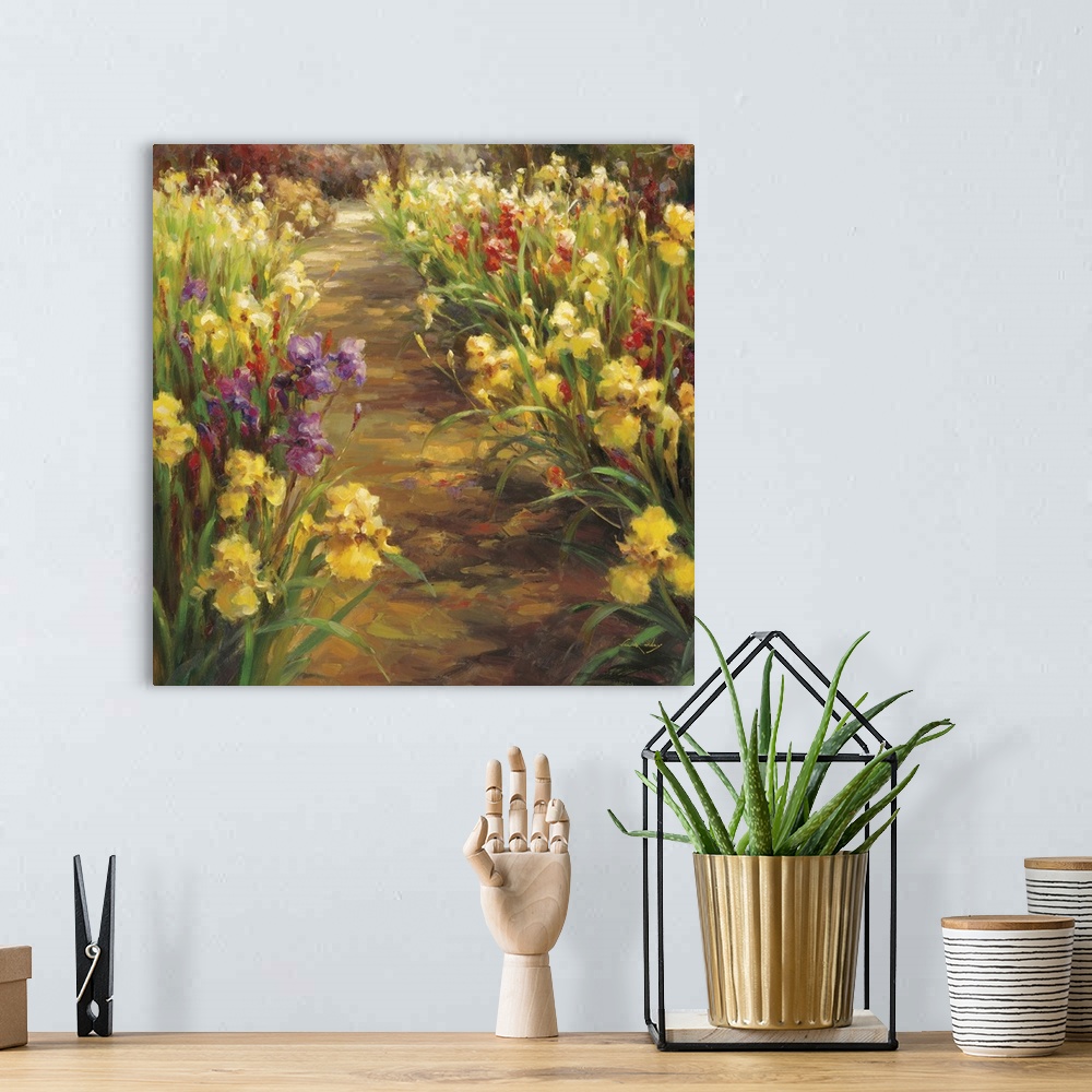 A bohemian room featuring Contemporary painting of a pathway in a garden surrounded by colorful irises.