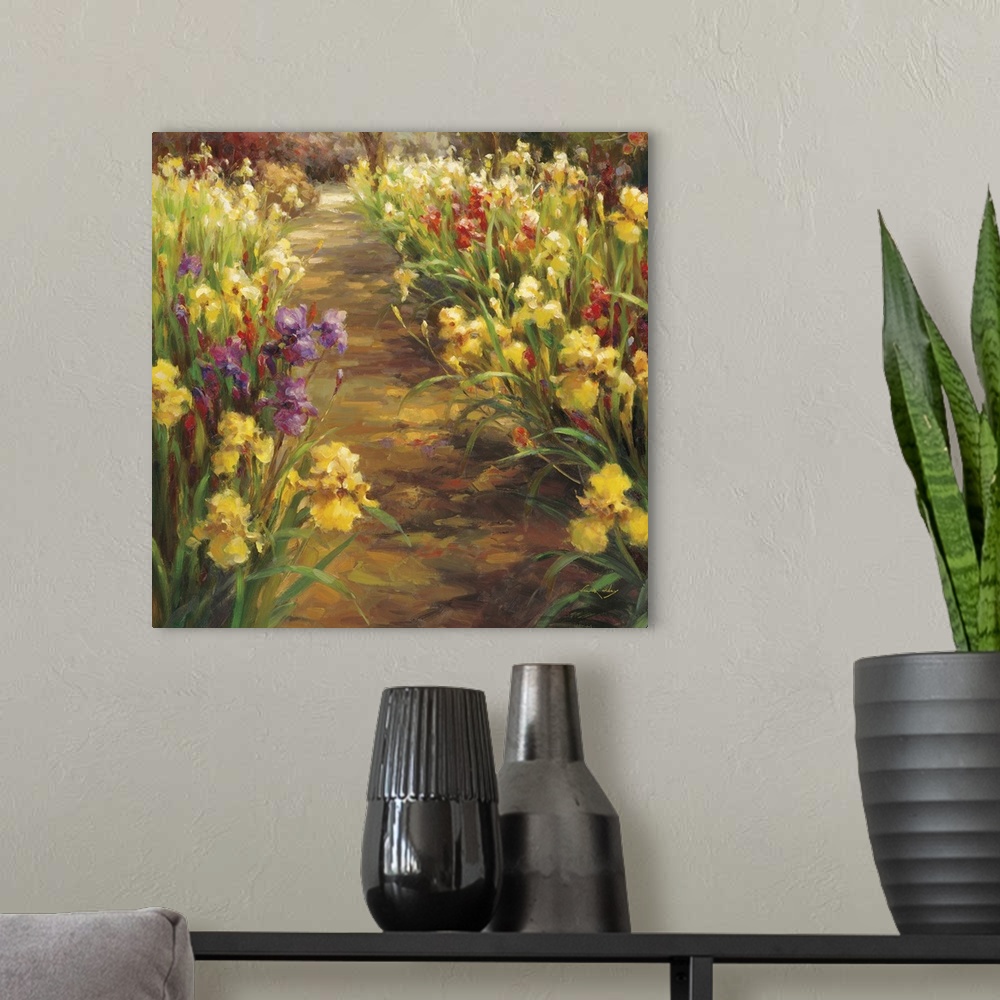 A modern room featuring Contemporary painting of a pathway in a garden surrounded by colorful irises.