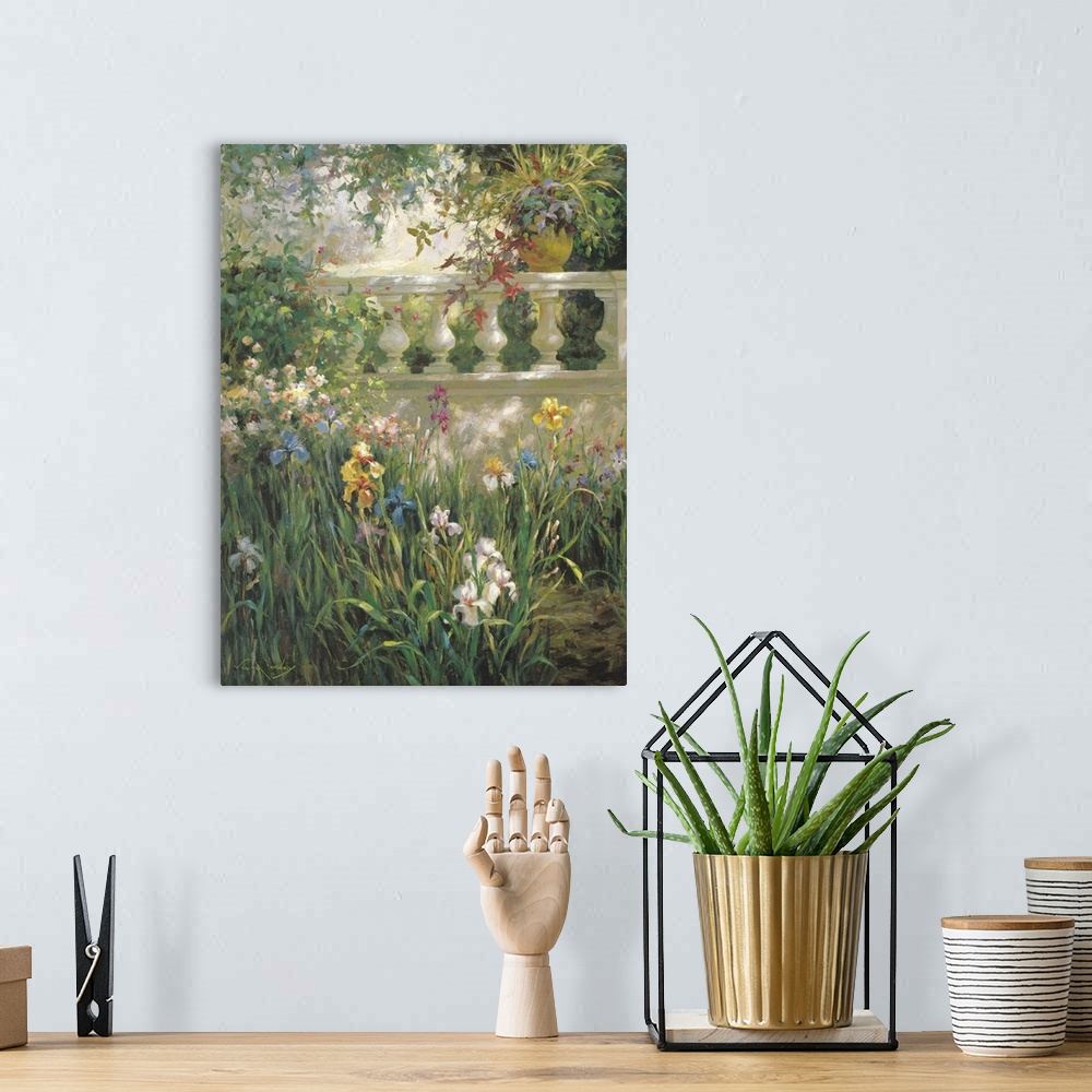 A bohemian room featuring Peaceful painting of irises in a garden in the shade.