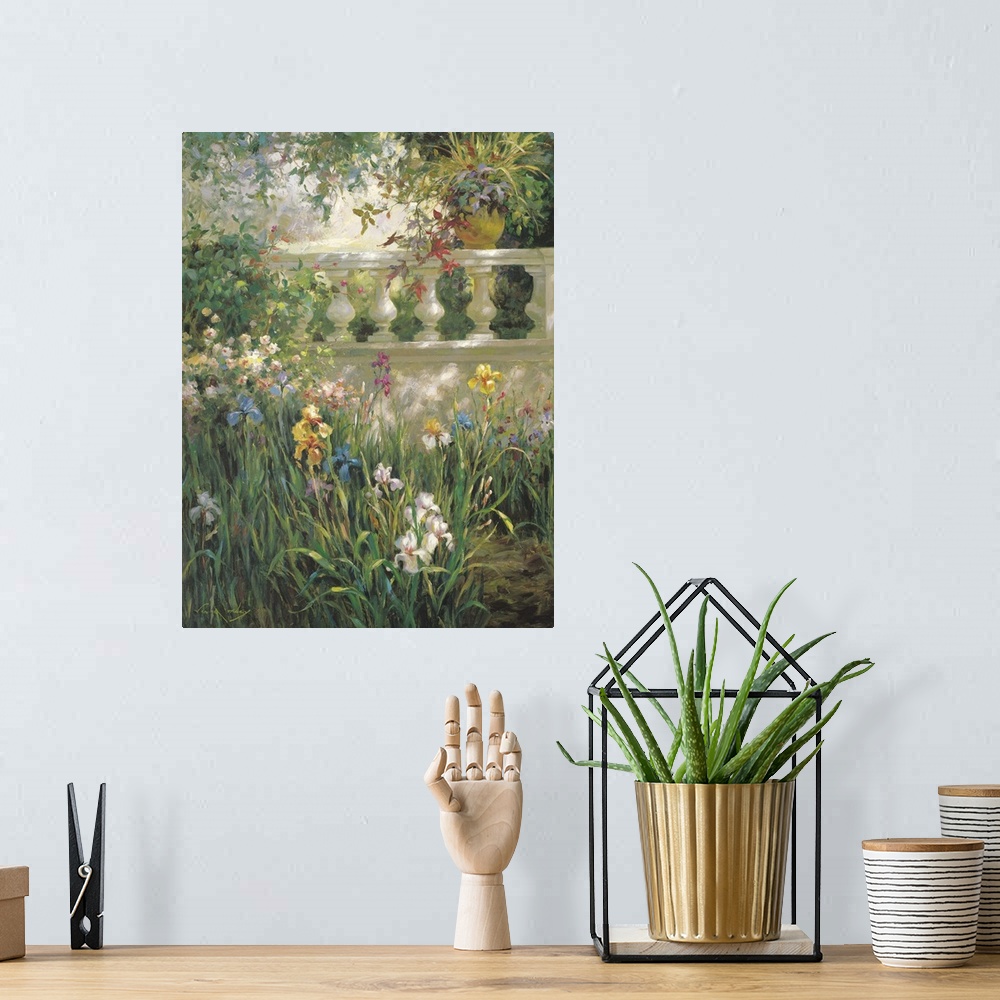 A bohemian room featuring Peaceful painting of irises in a garden in the shade.