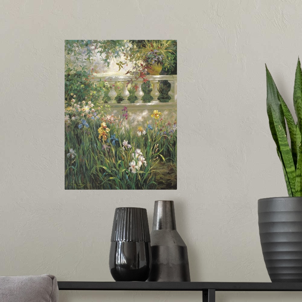 A modern room featuring Peaceful painting of irises in a garden in the shade.