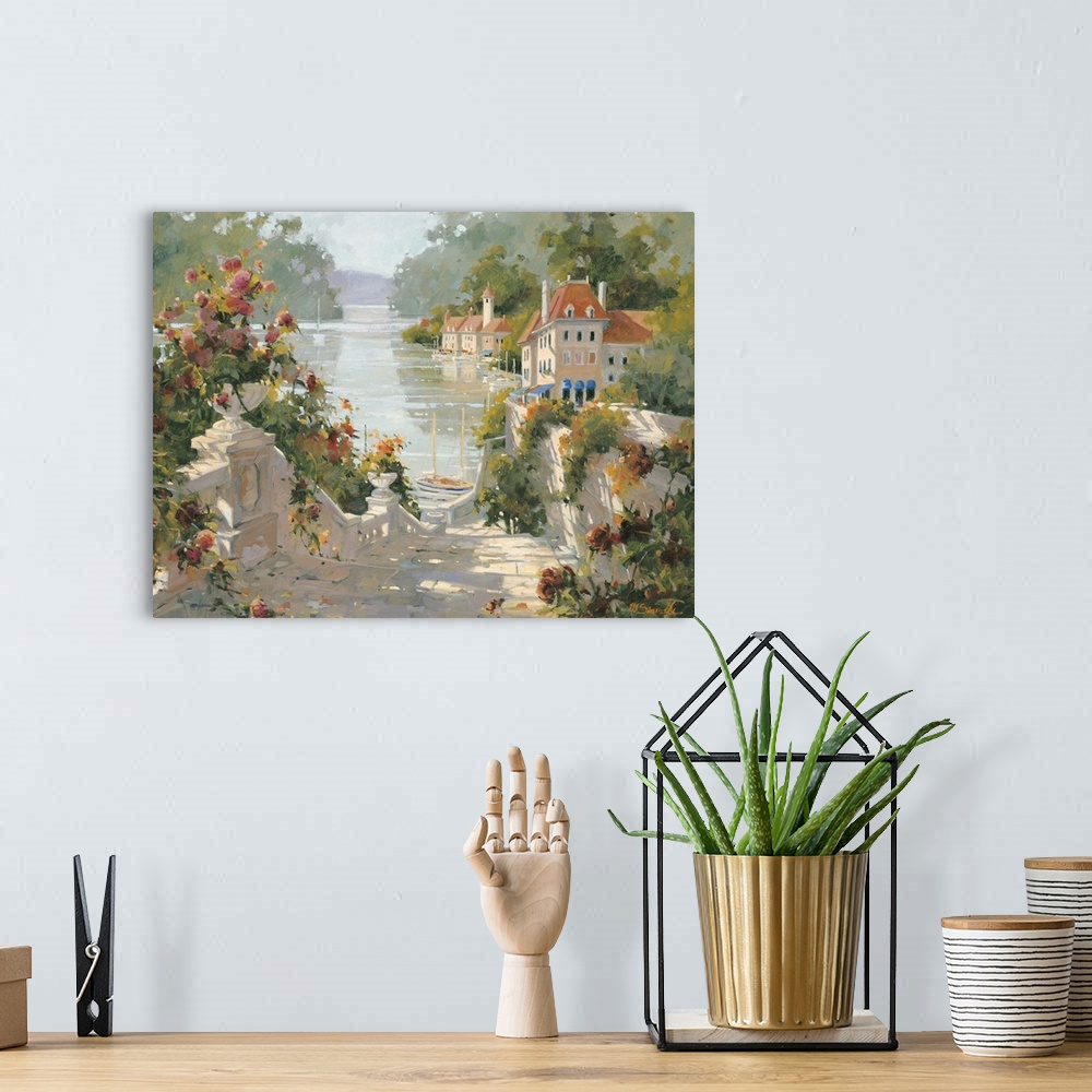 A bohemian room featuring Contemporary painting of an old Italian village, with stone steps leading to its harbor.