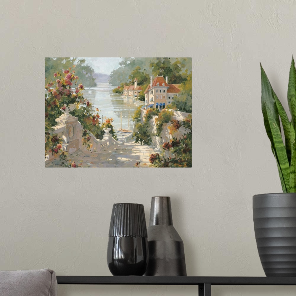 A modern room featuring Contemporary painting of an old Italian village, with stone steps leading to its harbor.