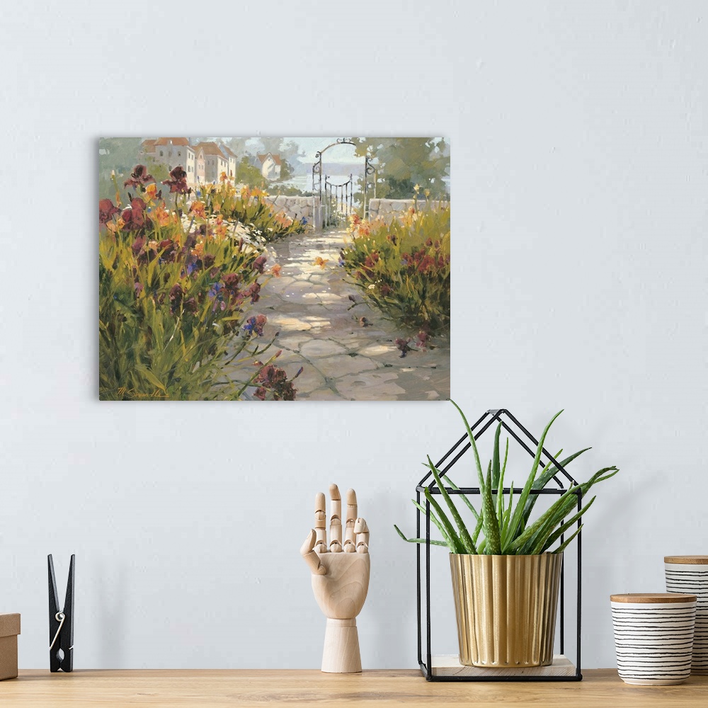 A bohemian room featuring Contemporary painting of an old Italian village garden, with stone path leading to garden entrance.