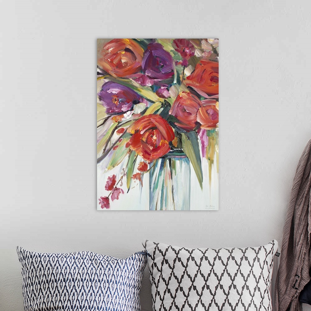 A bohemian room featuring Contemporary artwork of a colorful bouquet of flowers in a clear mason jar.