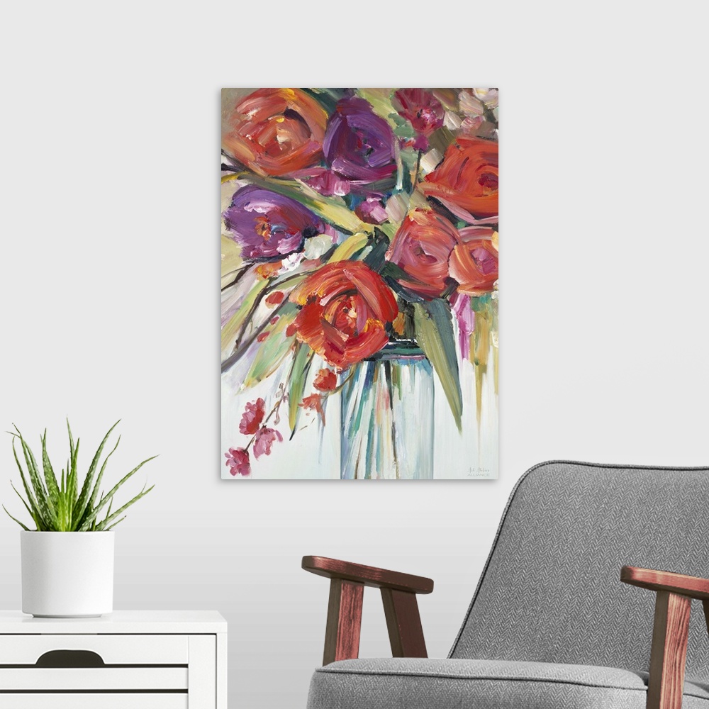 A modern room featuring Contemporary artwork of a colorful bouquet of flowers in a clear mason jar.