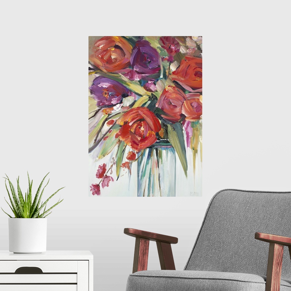 A modern room featuring Contemporary artwork of a colorful bouquet of flowers in a clear mason jar.