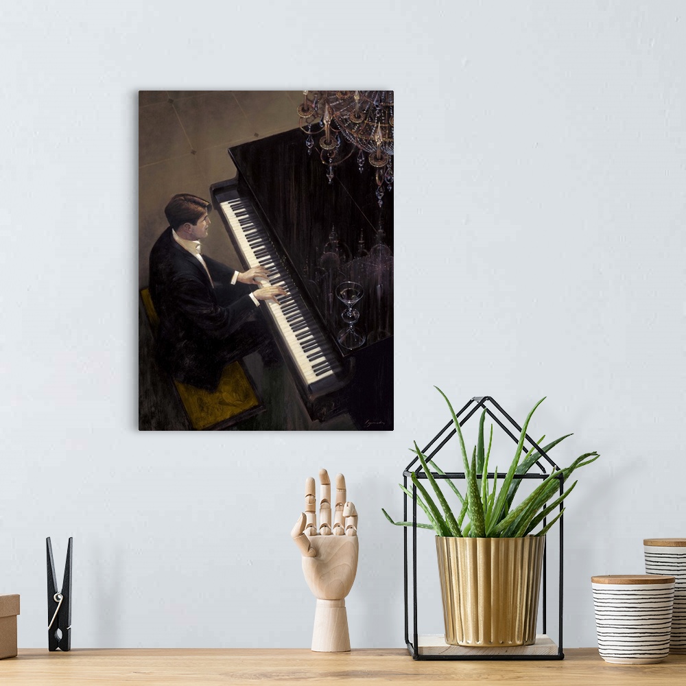 A bohemian room featuring Contemporary painting of a man playing a piano, with chandelier over head.